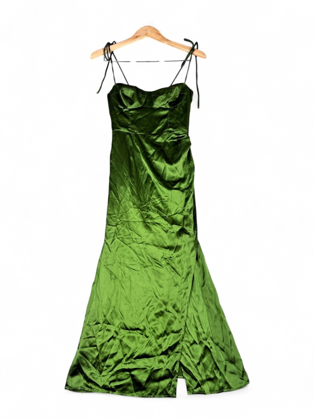 Reformation Green Silk Bias Maxi Dress Size 0 Tie-Strap Evening Wedding